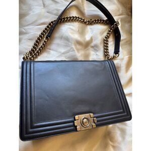 Chanel Black Lambskin XL Boy Bag With Aged Gold Adjustable Chain Strap & CC Lock